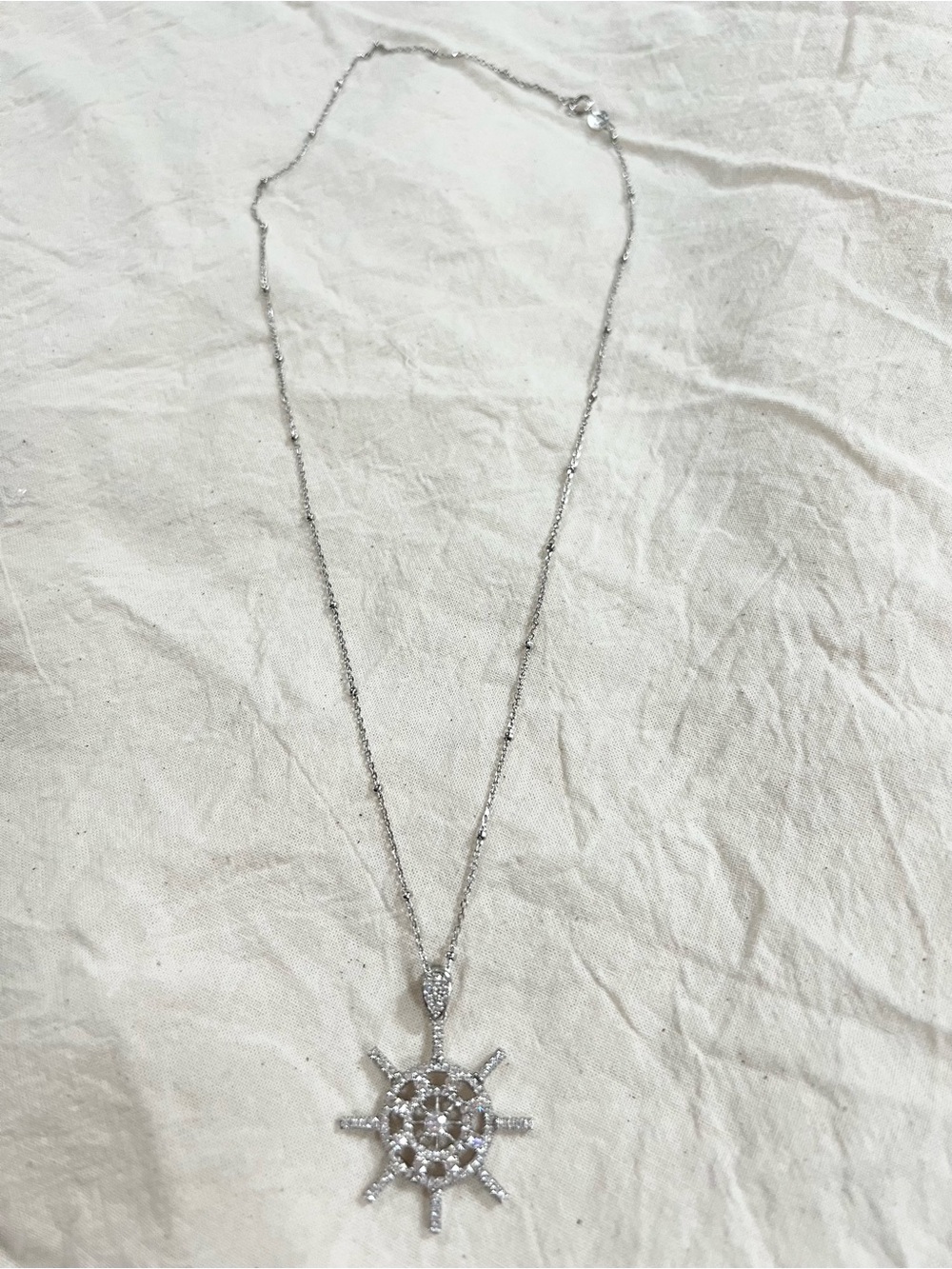 J. Crew Silver Sunburst Boat Wheel Crystal Pendant Necklace